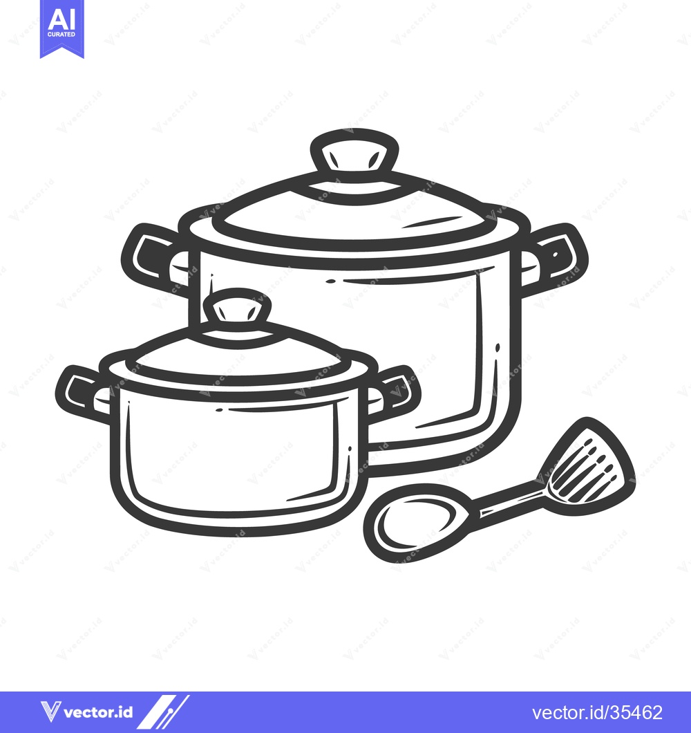 Premium Vector dari Black and white illustration depicting kitchen pots and utensils