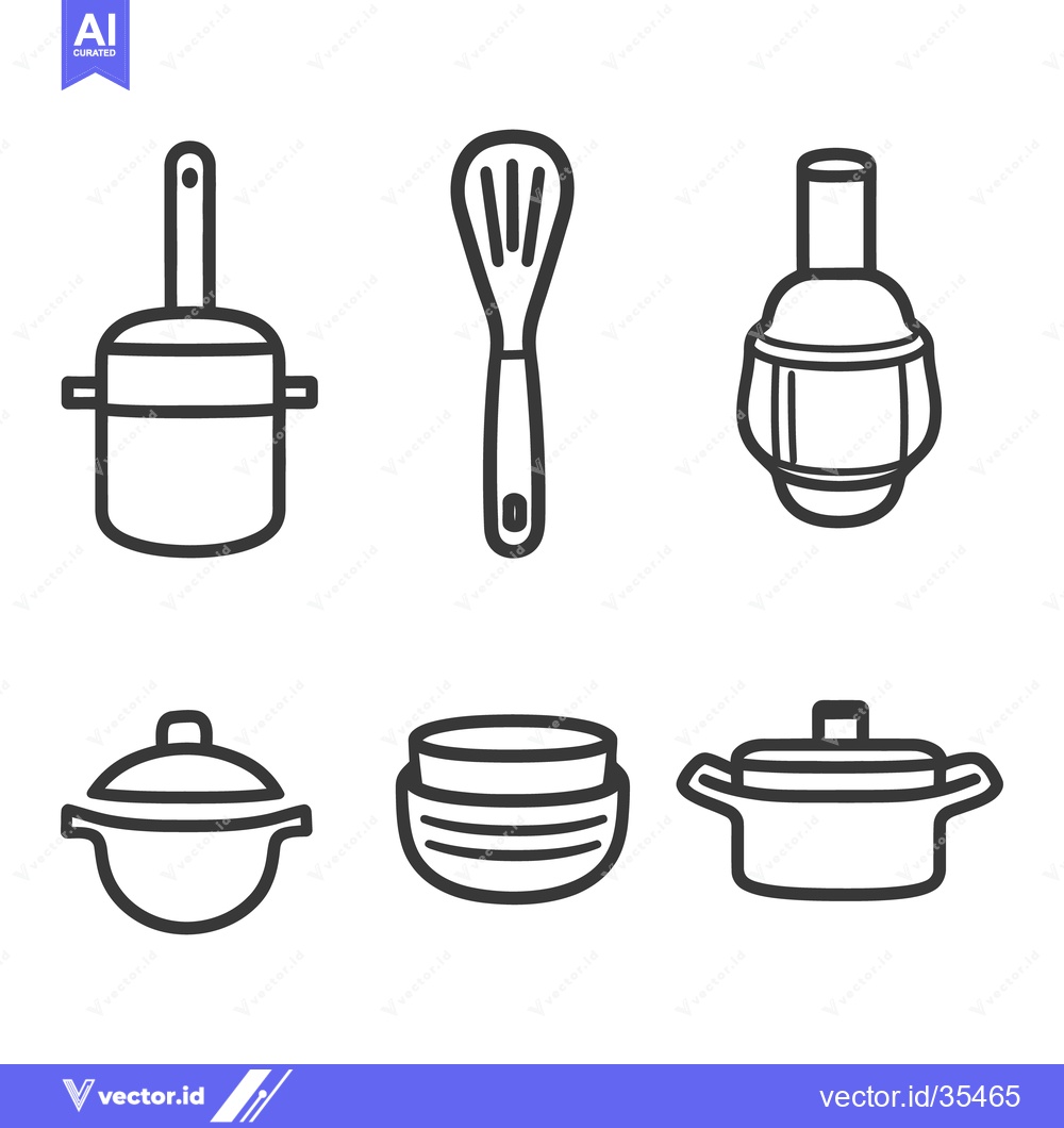 Premium Vector dari Line drawn illustrations of various kitchen cooking utensils and vesse