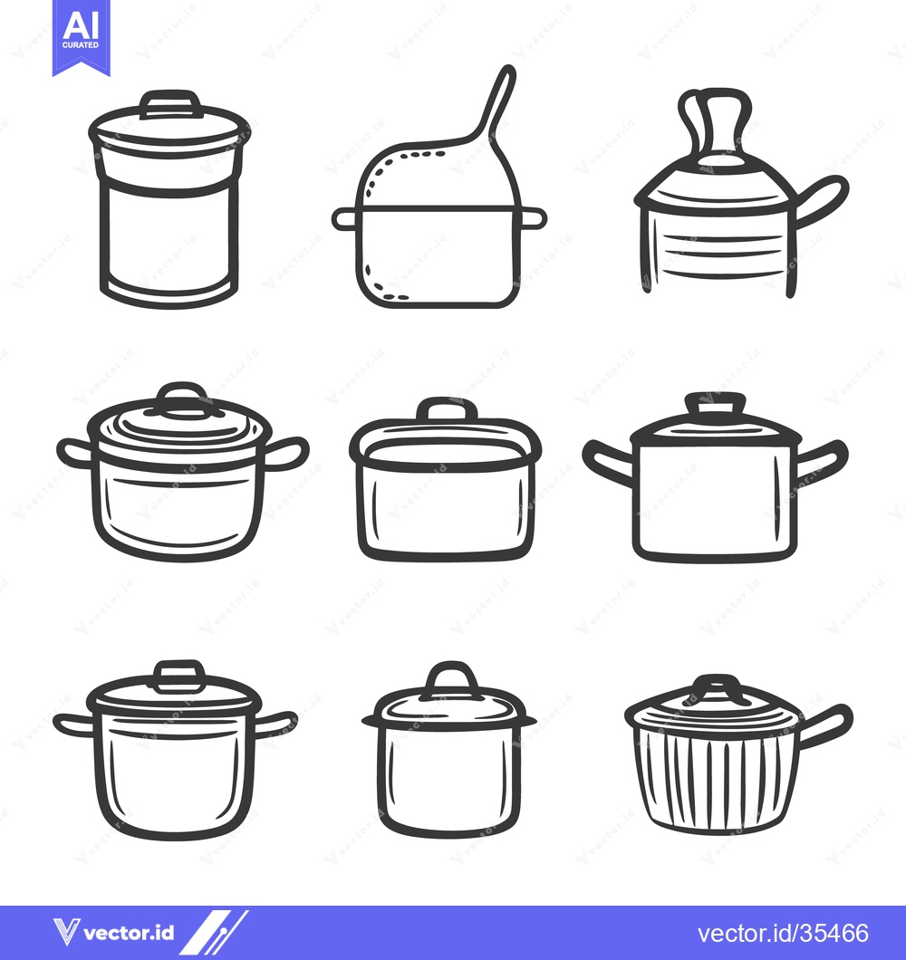 Premium Vector of Nine different drawn outlines of various cooking pots and pans