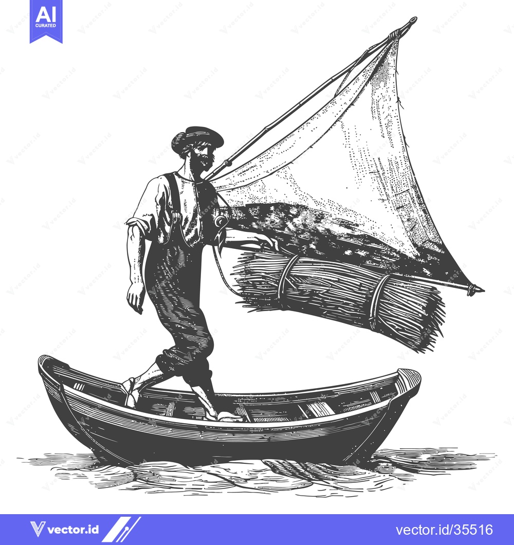 Premium Vector of A Man in a Small Boat Carries Reeds Under Sail