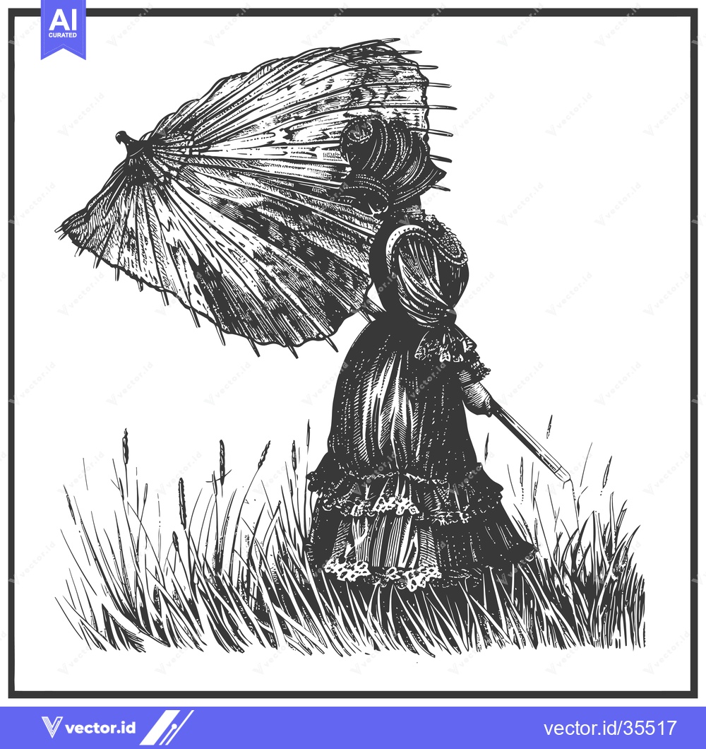 Premium Vector dari Victorian Lady Walking Through Tall Grass With Parasol