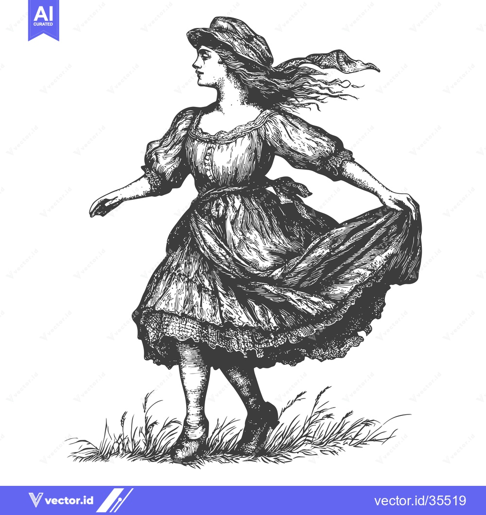 Premium Vector of A Young Woman Walks Through Tall Grass Wearing a Dress and Cap