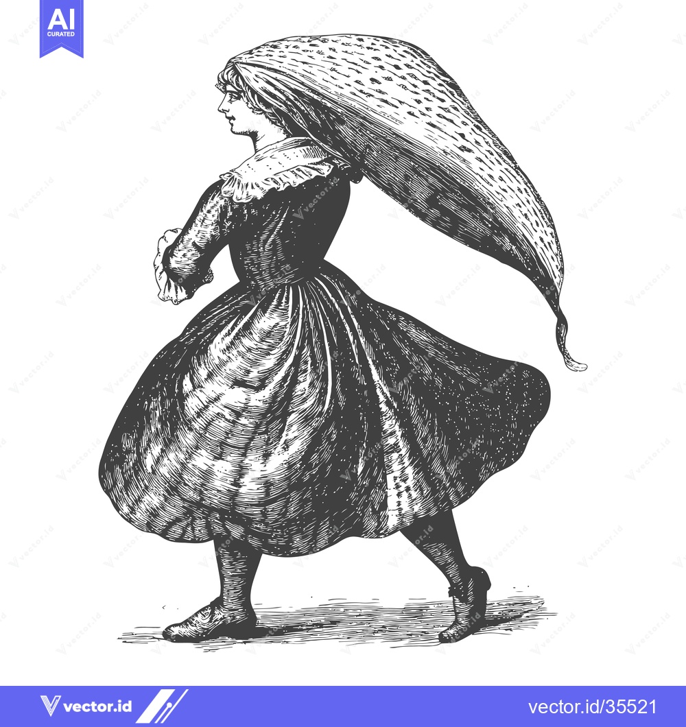 Premium Vector of Young Woman Walking Wearing Vintage Dress and Shawl