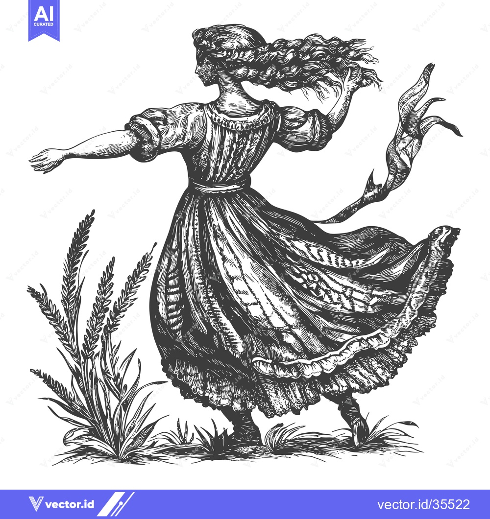 Premium Vector of A Woman in a Long Dress Dances in a Field