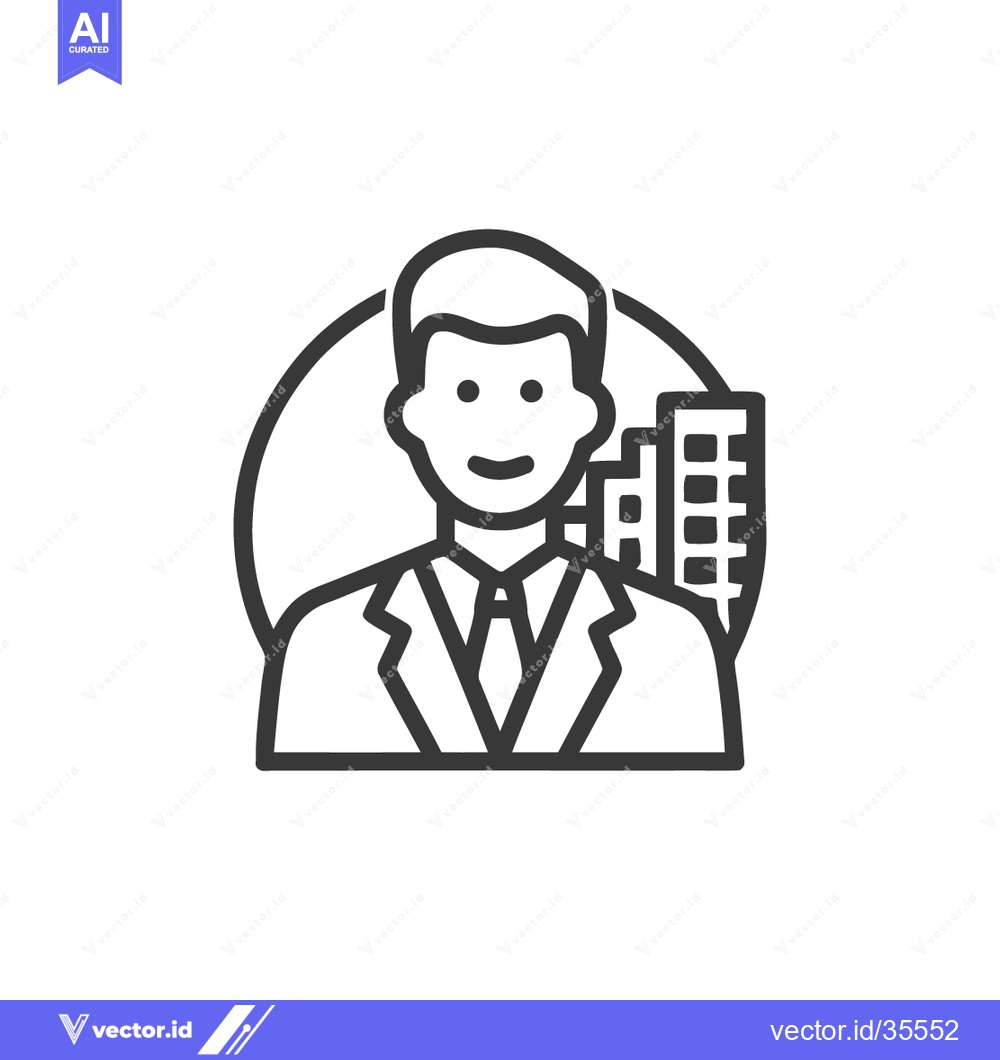 Premium Vector dari Line Art Icon: Smiling Businessman with Cityscape Background in Circle