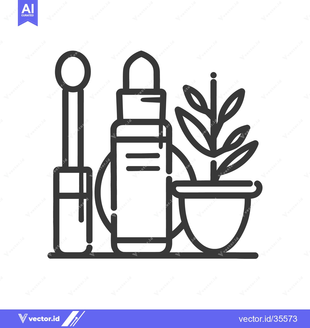 Premium Vector of Black line art depicting makeup products and a potted plant