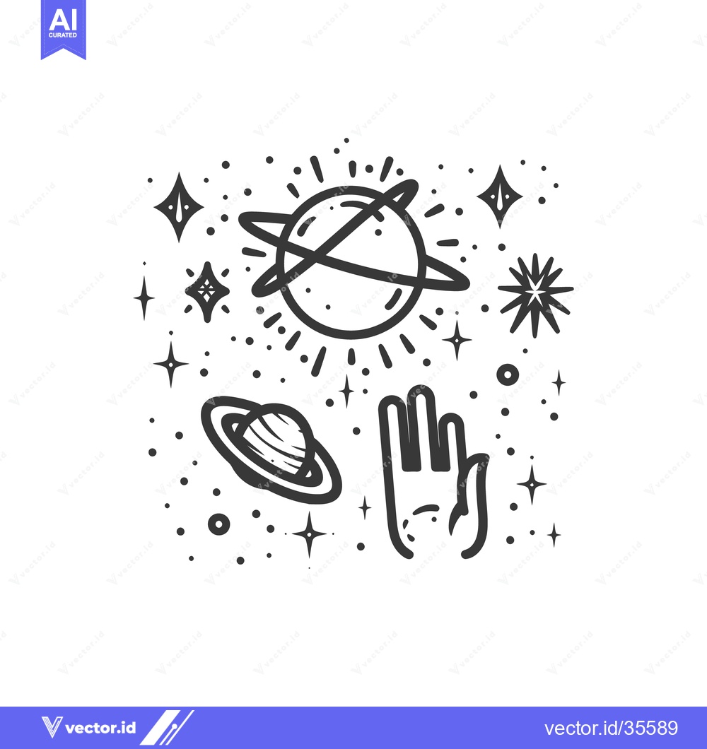 Premium Vector dari A stylized image of planets stars and a raised hand