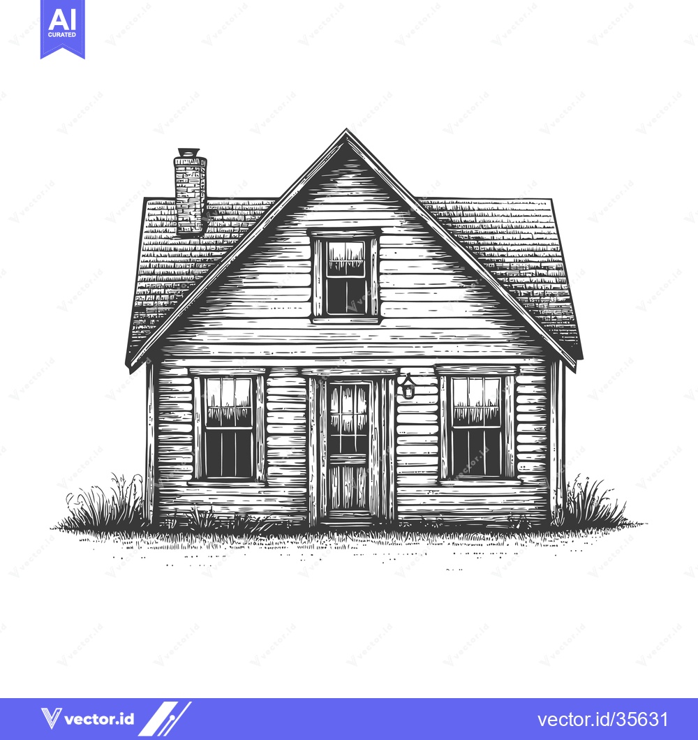 Premium Vector of A Wood Cabin Illustration With Grass And Chimney