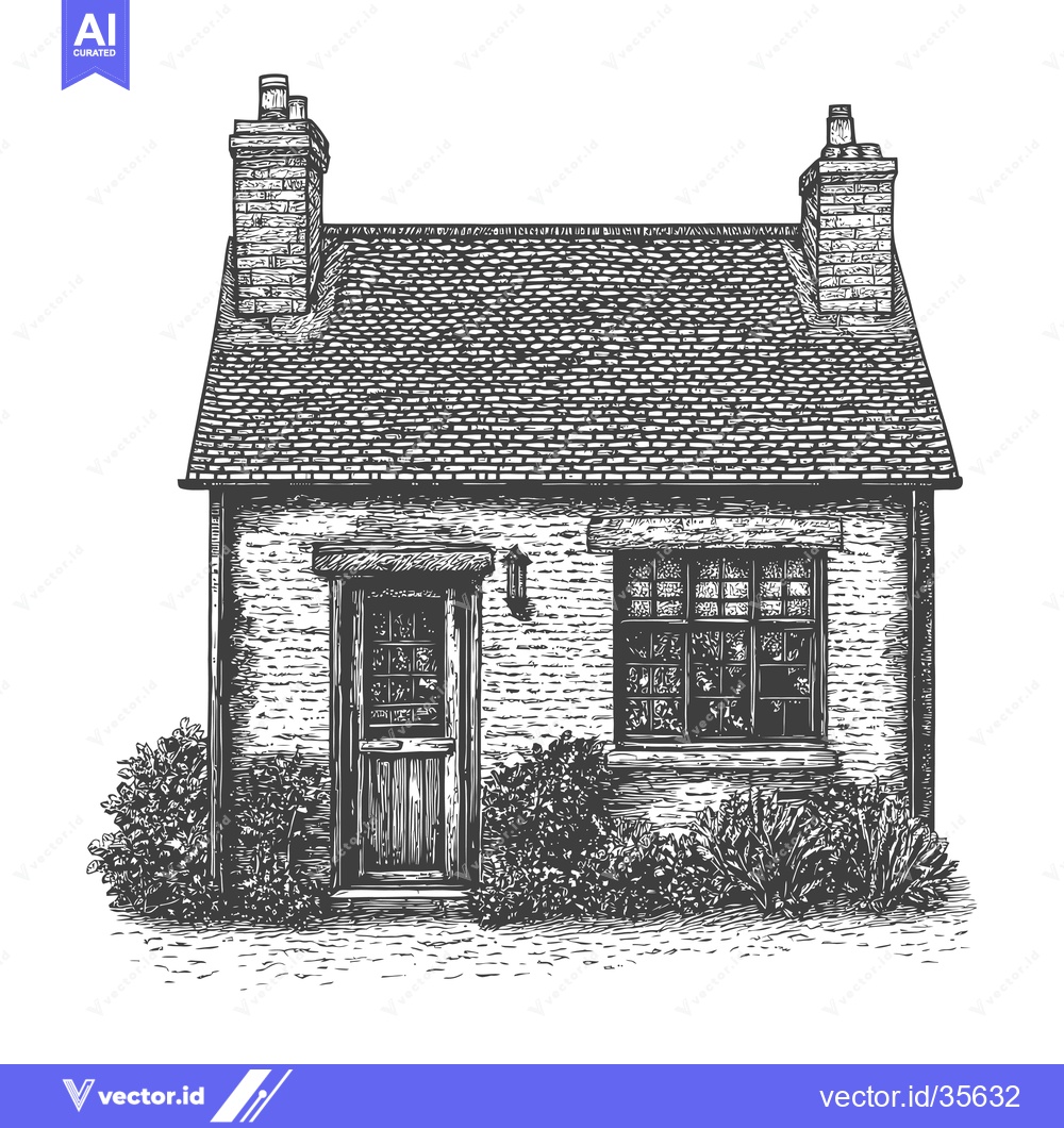 Premium Vector dari A charming brick cottage with two chimneys and shrubbery