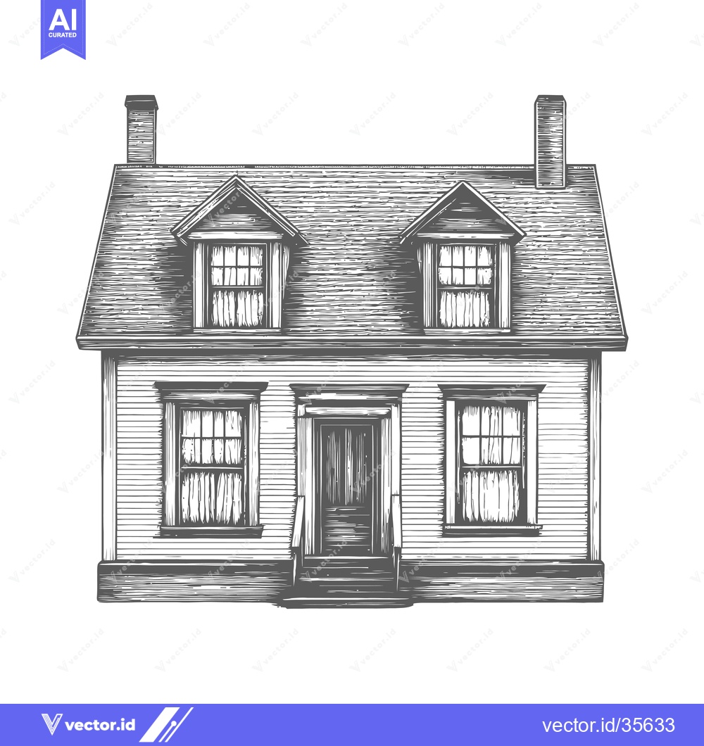 Premium Vector of Vintage Wood House Drawing With Dormers And Chimneys