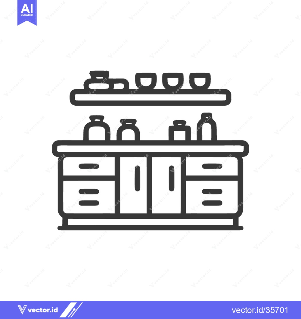 Premium Vector dari Minimalist Kitchen Cabinet Icon with Shelf and Storage Jars Outline