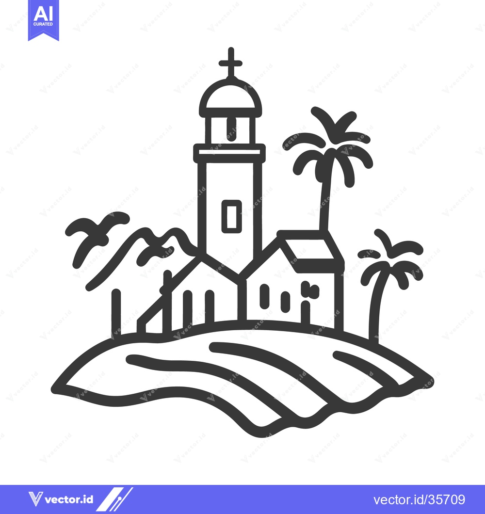 Premium Vector dari A coastal scene featuring a church and palm trees on an island