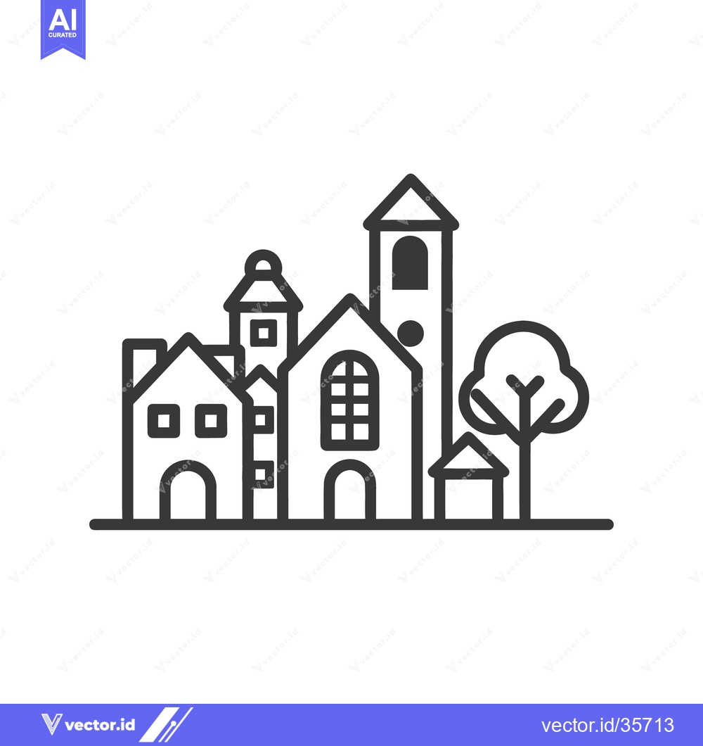 Premium Vector of Simple black and white illustration of buildings and a tree