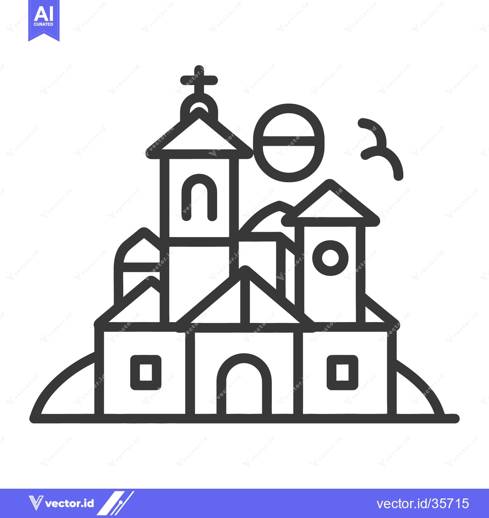 Premium Vector of An outlined building with a cross and sun graphic