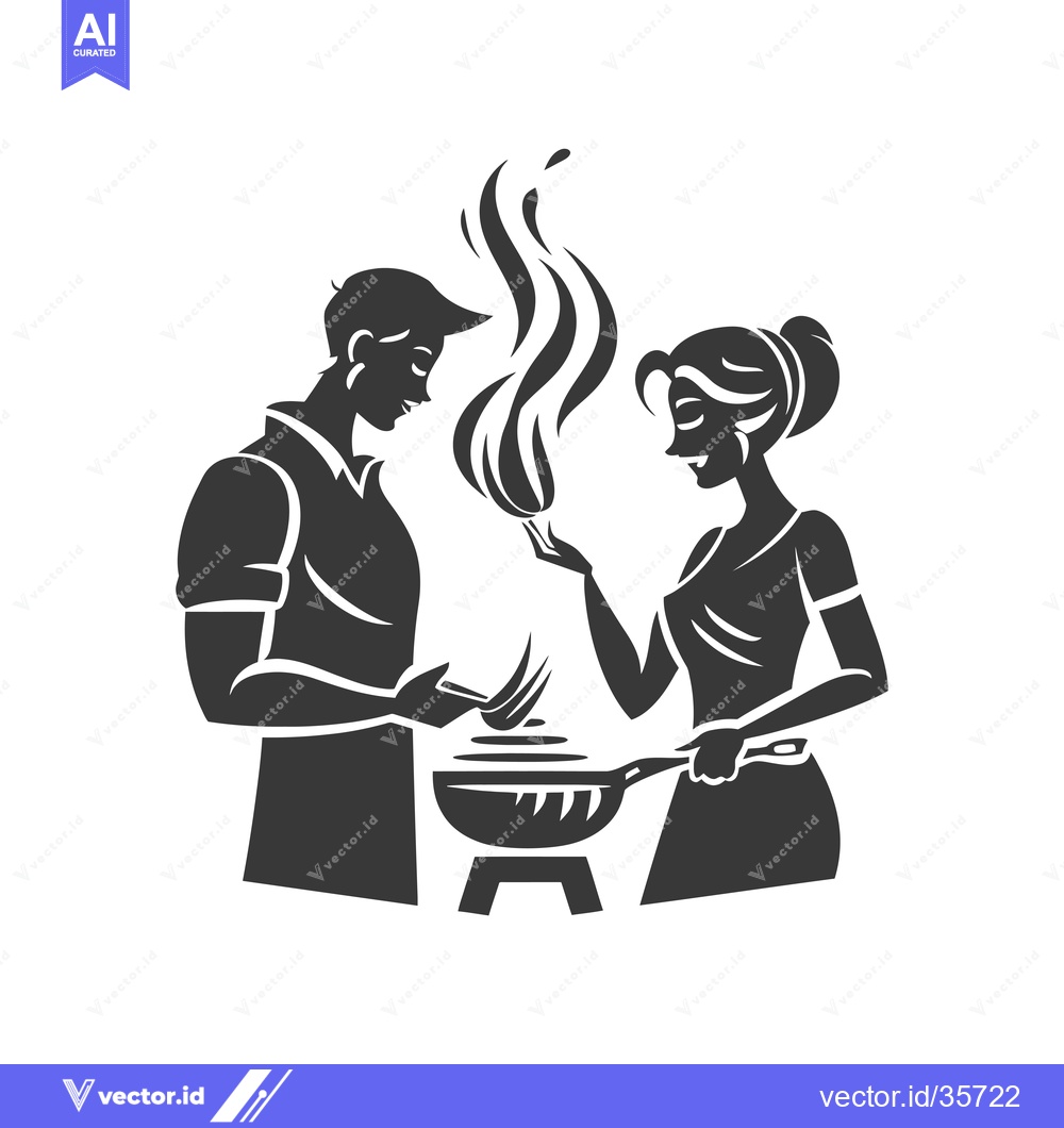 Premium Vector of Couple Cooking Together with a Frying Pan and Flames