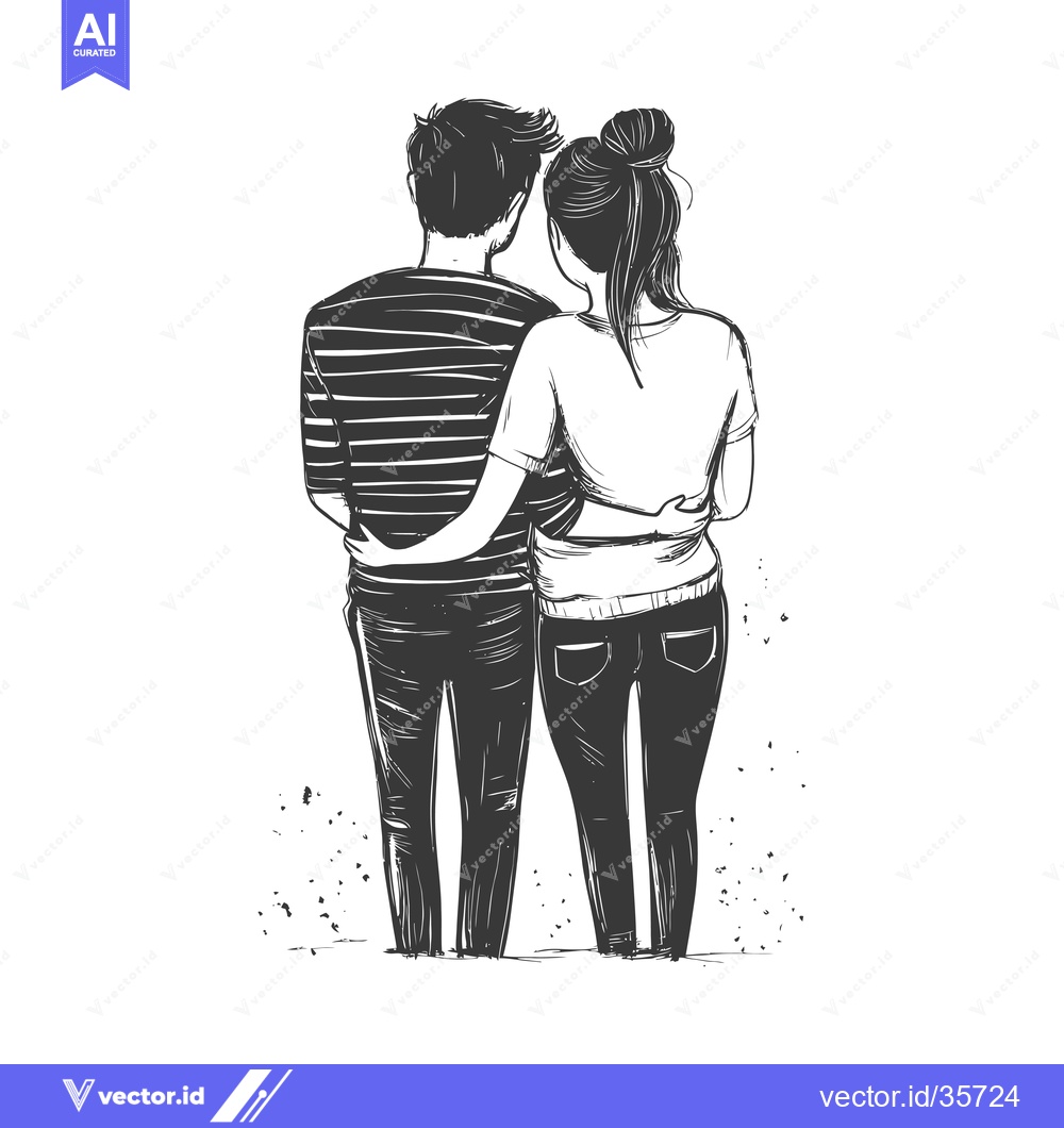 Premium Vector dari Couple Embracing, Back View, Casual Attire,  Sketch Style