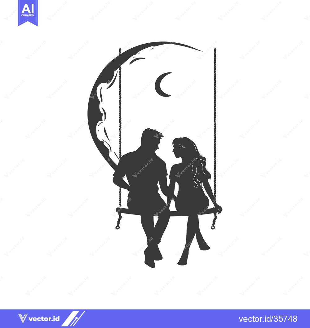 Premium Vector dari Couple Silhouetted on a Crescent Moon Swing