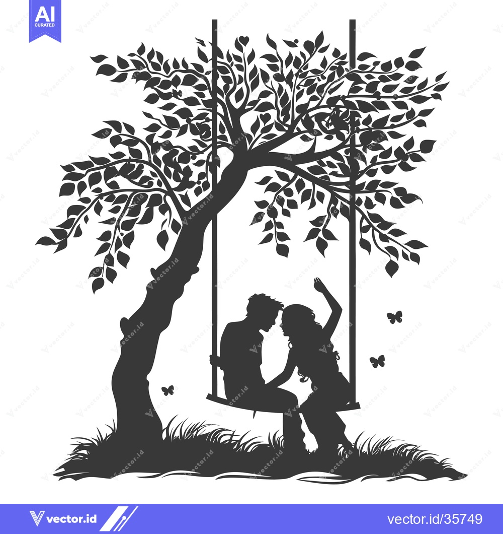 Premium Vector of Couple Silhouetted on a Swing Beneath a Tree with Butterflies
