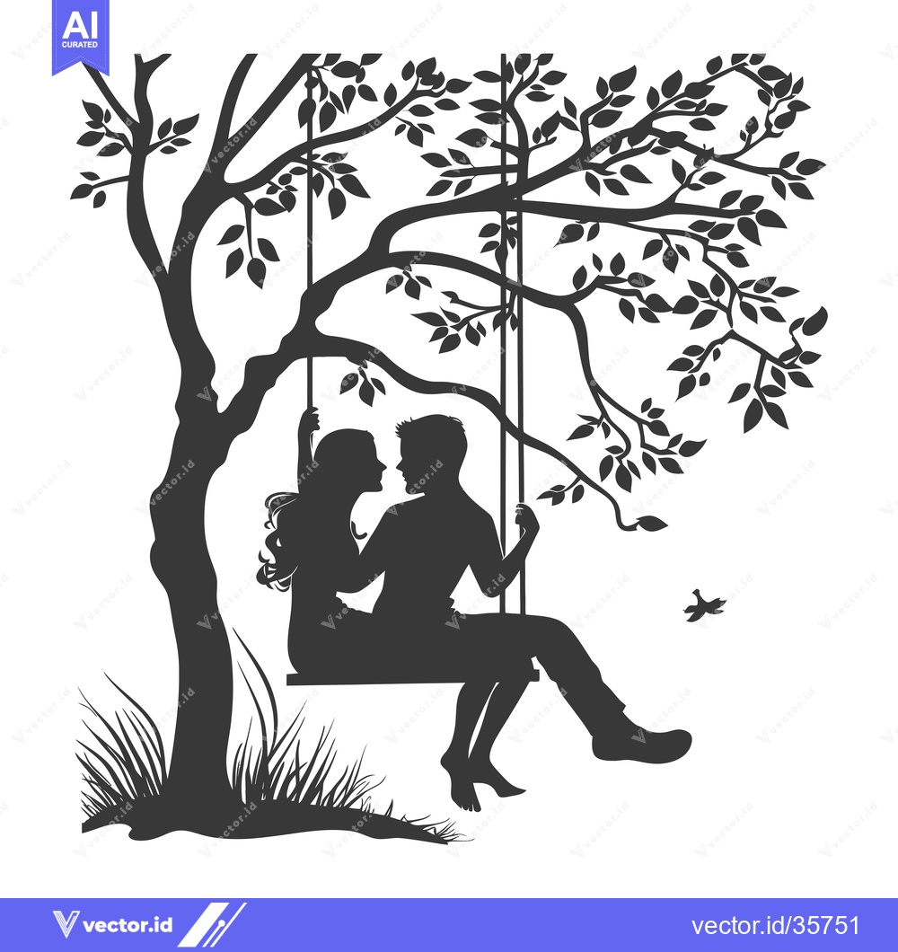 Premium Vector dari Couple Silhouetted on a Swing Hanging from a Tree