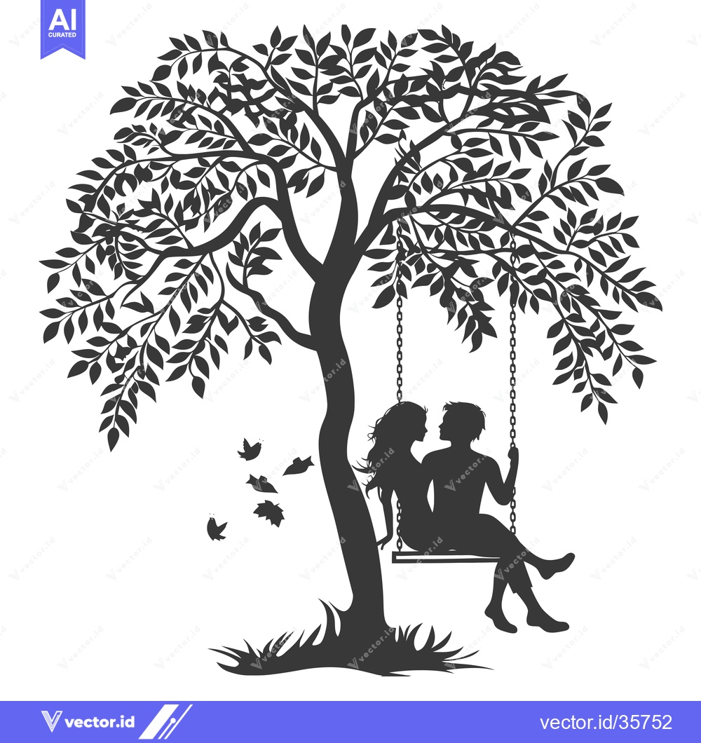 Premium Vector dari Couple Silhouetted on a Swing Hanging from a Tree