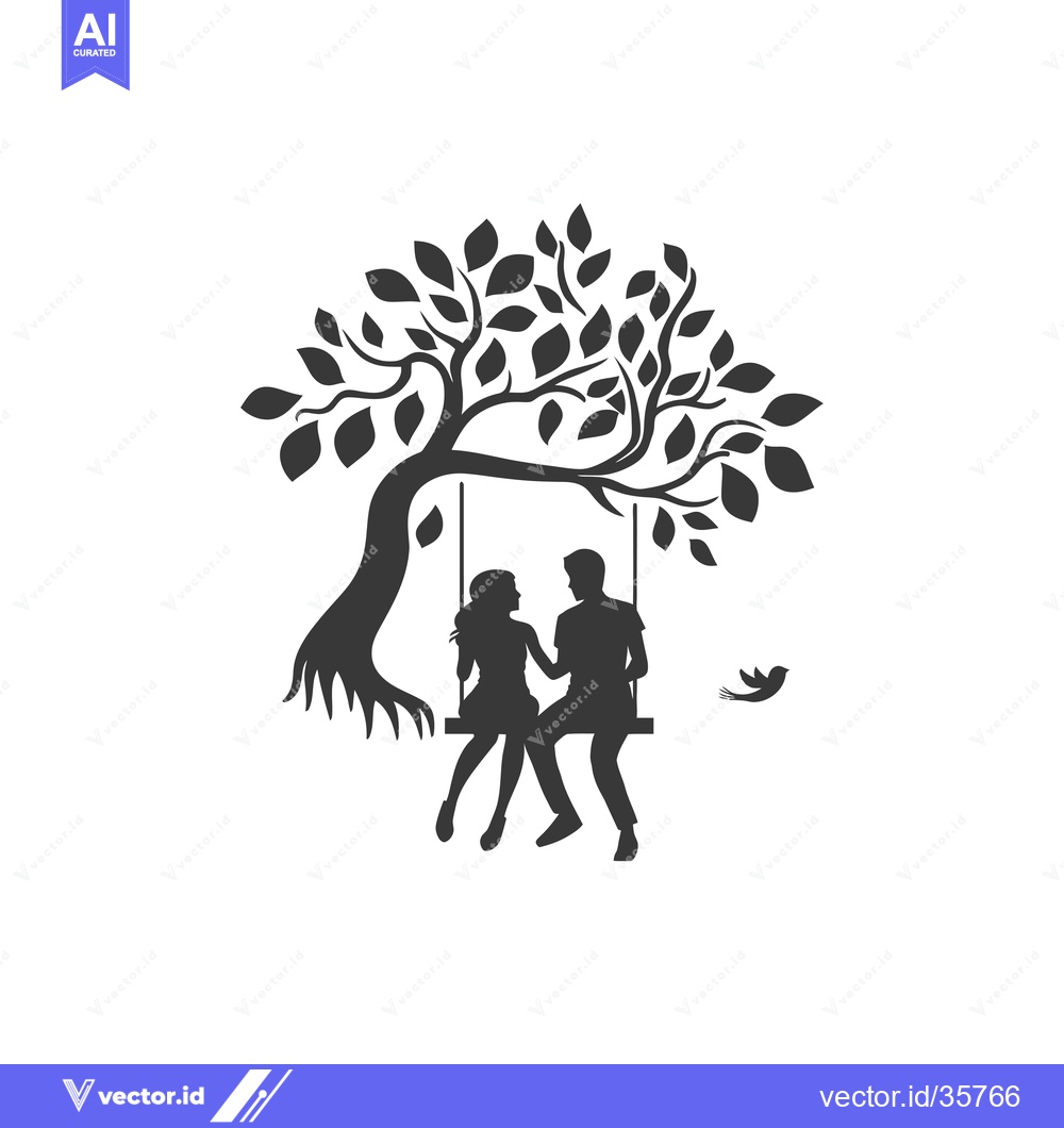 Premium Vector dari Couple Silhouetted on a Swing Under a Tree with a Bird Flying Overhead