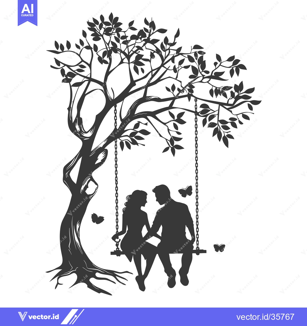 Premium Vector dari Couple Silhouetted on a Swing Under a Tree with Butterflies