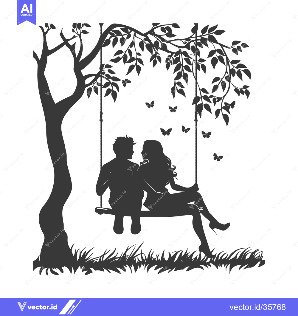 Premium Vector dari Couple Silhouetted on a Swing Under a Tree with Butterflies