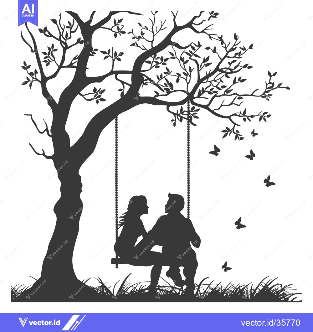Premium Vector of Couple Silhouetted on a Swing Underneath a Tree with Butterflies