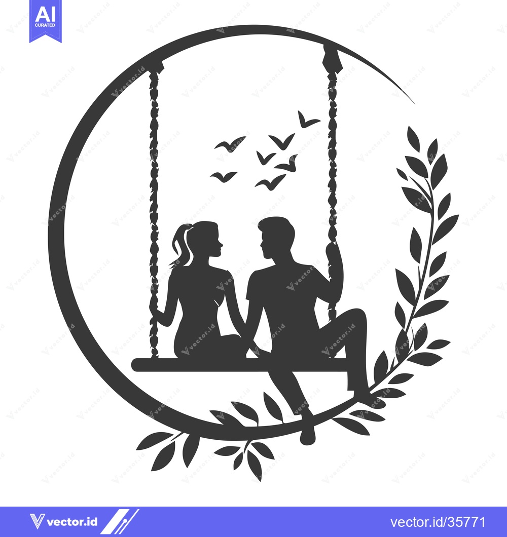 Premium Vector of Couple Silhouetted on a Swing with Birds and Leaves