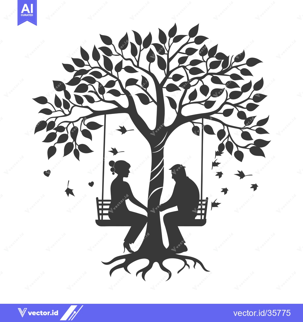 Premium Vector of Couple Sitting on a Swing Hanging from a Tree with Falling Leaves and
