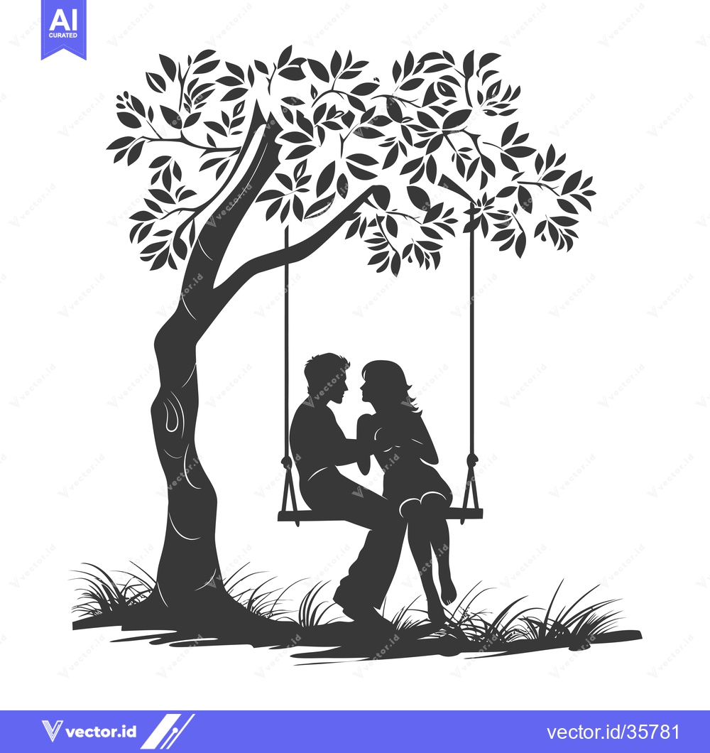 Premium Vector of Couple Sitting on a Swing Under a Tree Silhouette
