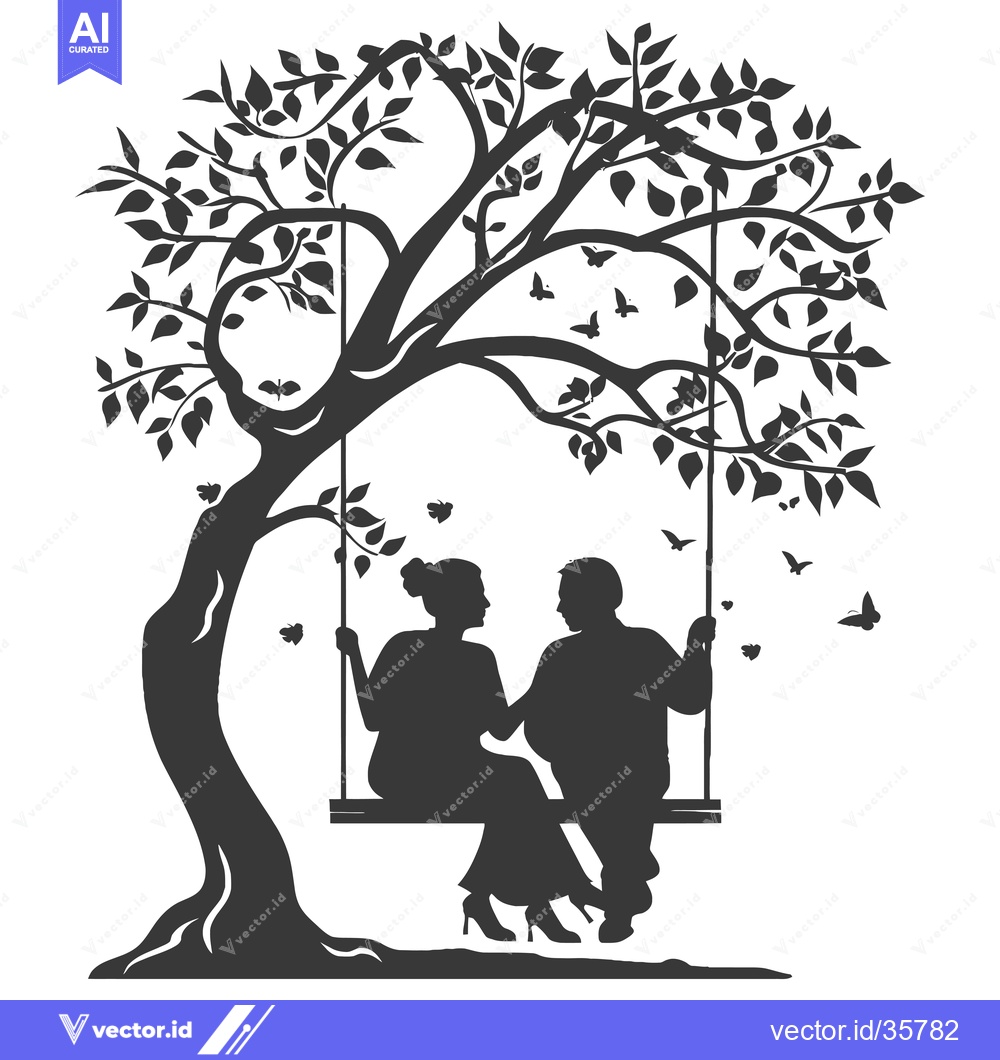 Premium Vector of Couple Sitting on a Swing Under a Tree with Butterflies