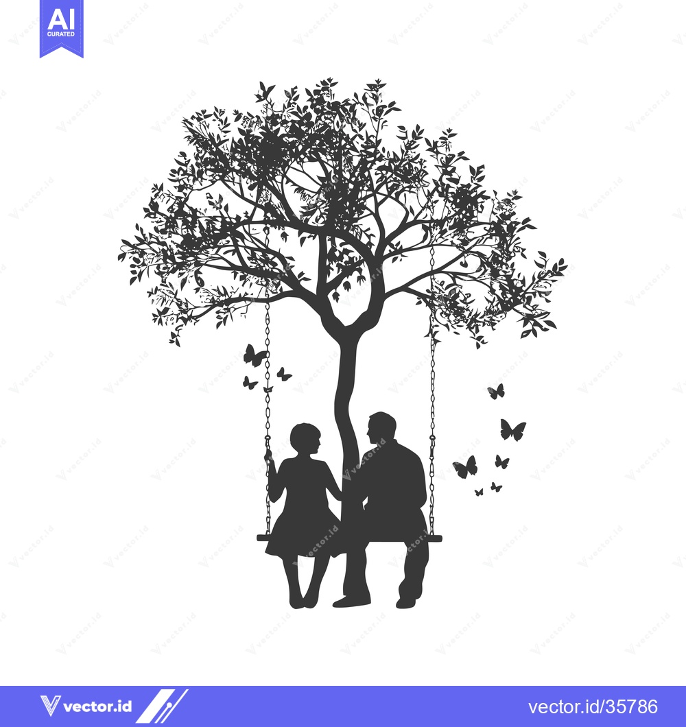 Premium Vector dari Couple Sitting on a Swing Underneath a Tree Silhouette