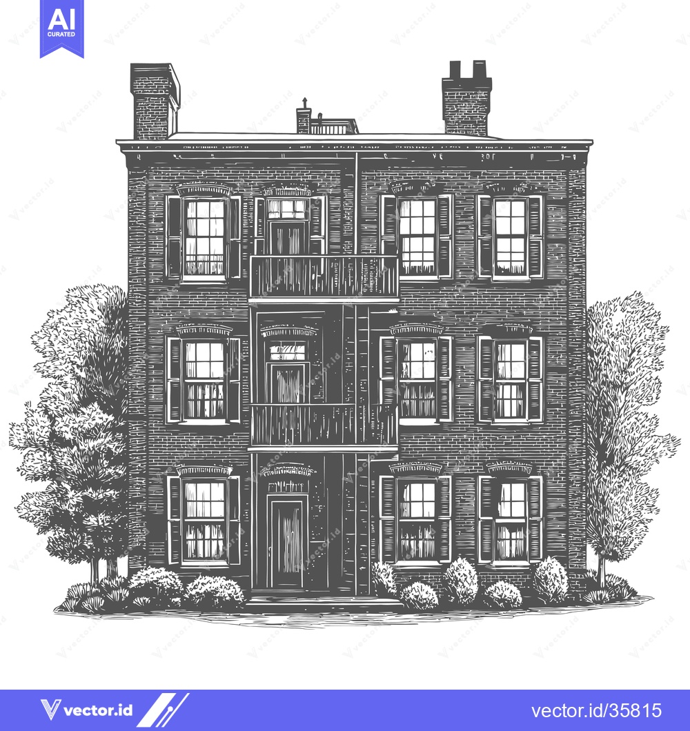 Premium Vector dari A Classic Brick Building with Shutters and Landscaping