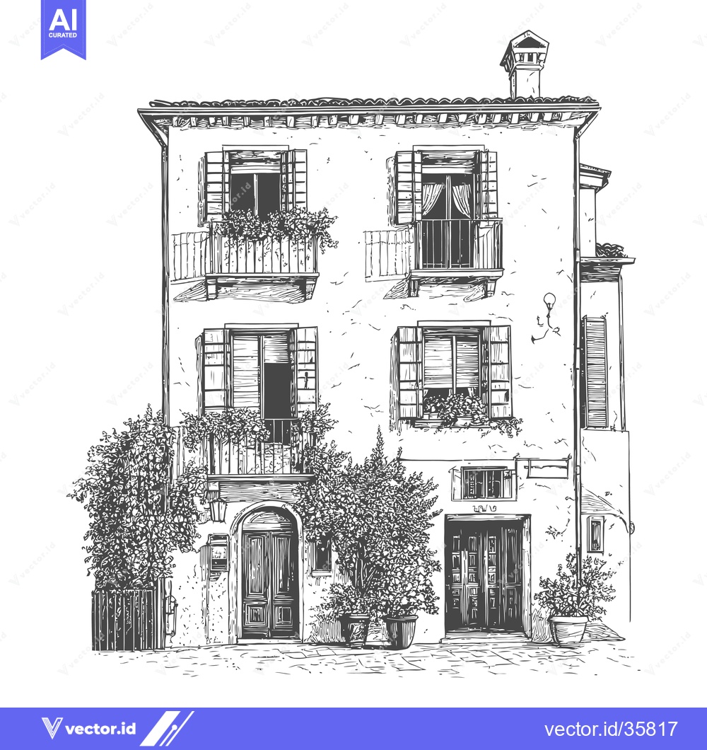 Premium Vector dari Charming Italian Building Architectural Sketch Drawing