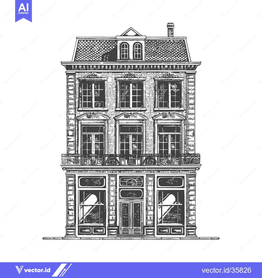 Premium Vector of Elegant Three Story Brick Building Architectural Drawing