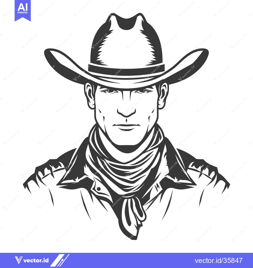 Premium Vector dari The determined portrait depicts a cowboy in black and white