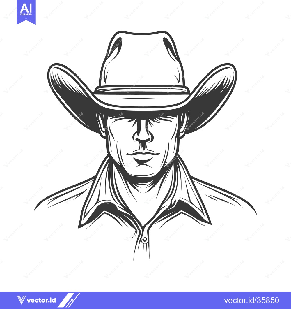 Premium Vector of A black and white illustration depicting a cowboy wearing a hat