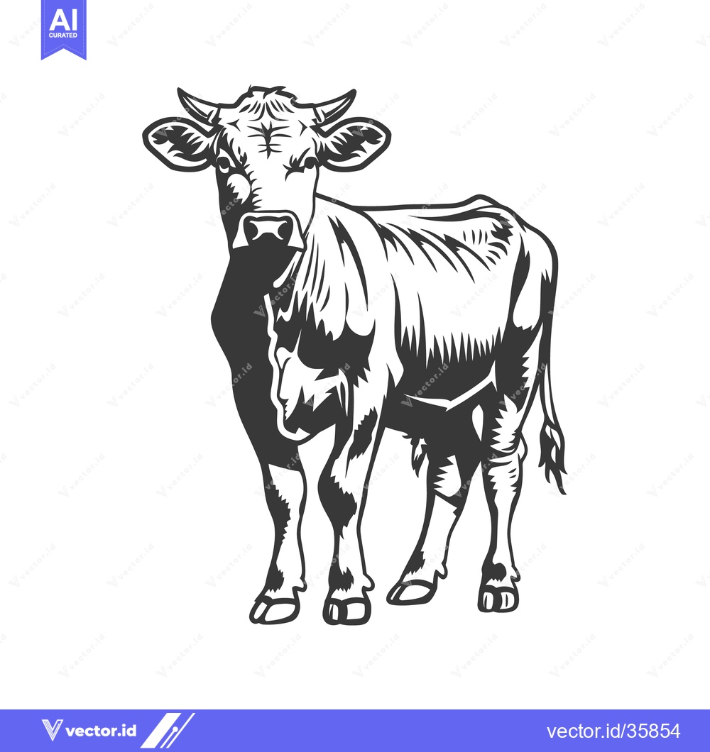 Premium Vector of A black and white illustration of a standing cow on white