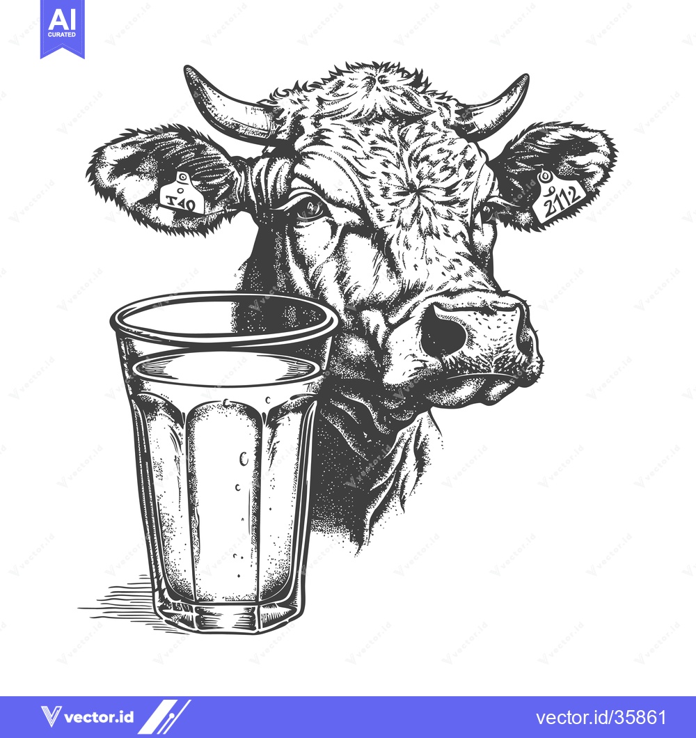 Premium Vector dari Cow head and glass of fresh milk illustration