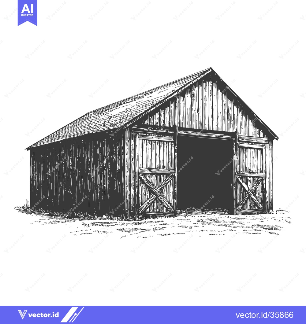 Premium Vector dari Rustic Wooden Barn with Open Doors Stands in a Field