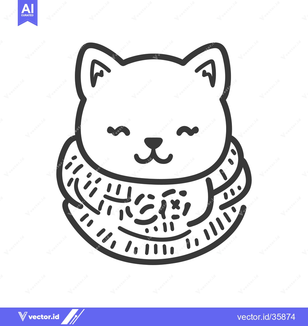Premium Vector of An adorable cat wearing a cozy patterned scarf with closed eyes