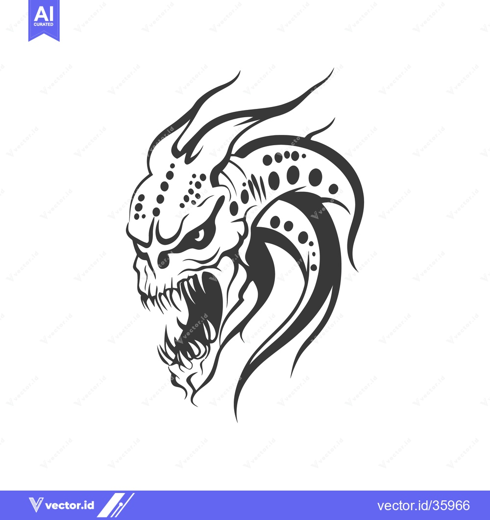 Premium Vector of An angry alien monster head graphic with sharp teeth and horns