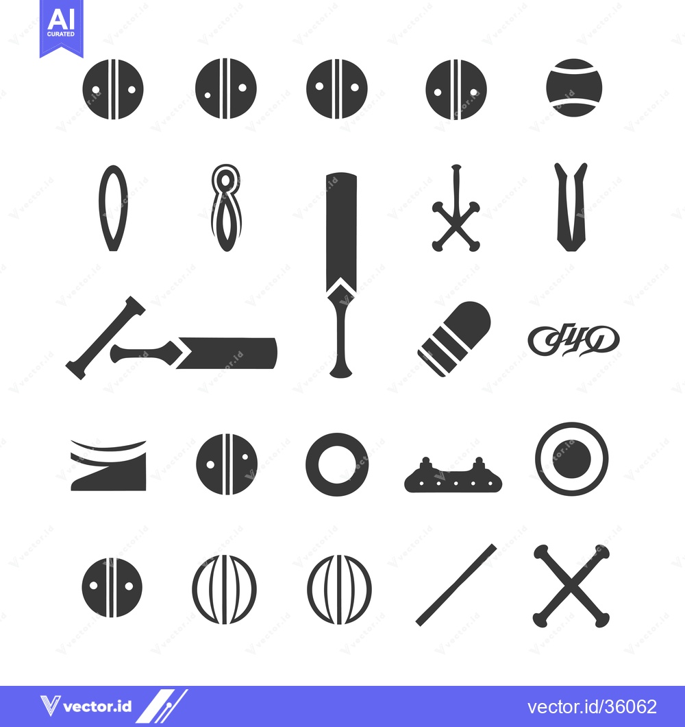 Premium Vector of Cricket Equipment and Ball Icons in Black and White