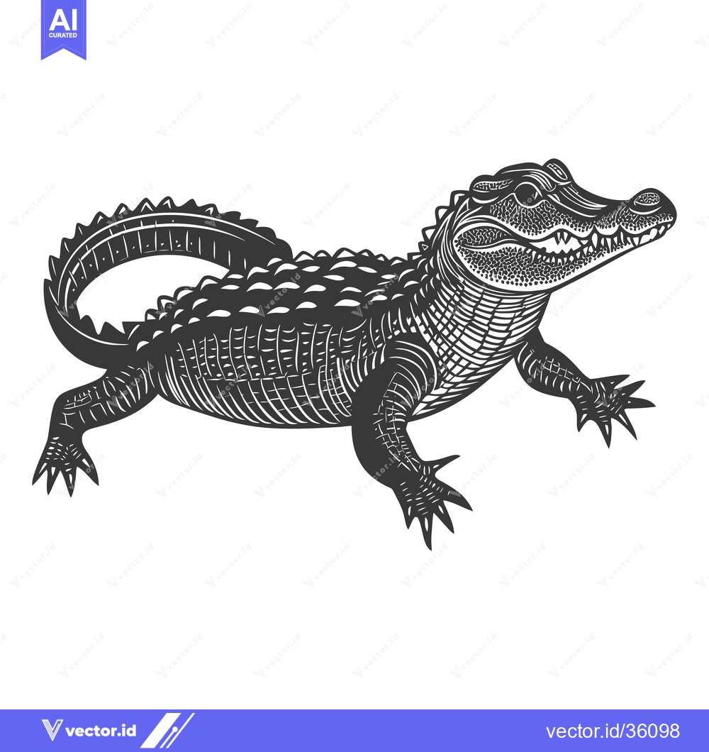 Premium Vector dari Detailed monochromatic illustration depicts an alligator walking on a