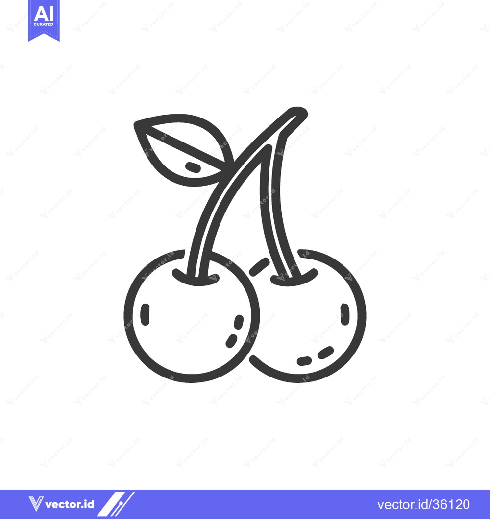 Premium Vector of Minimalist Cherry Icon: Two Berries with Leaf, Outline Style