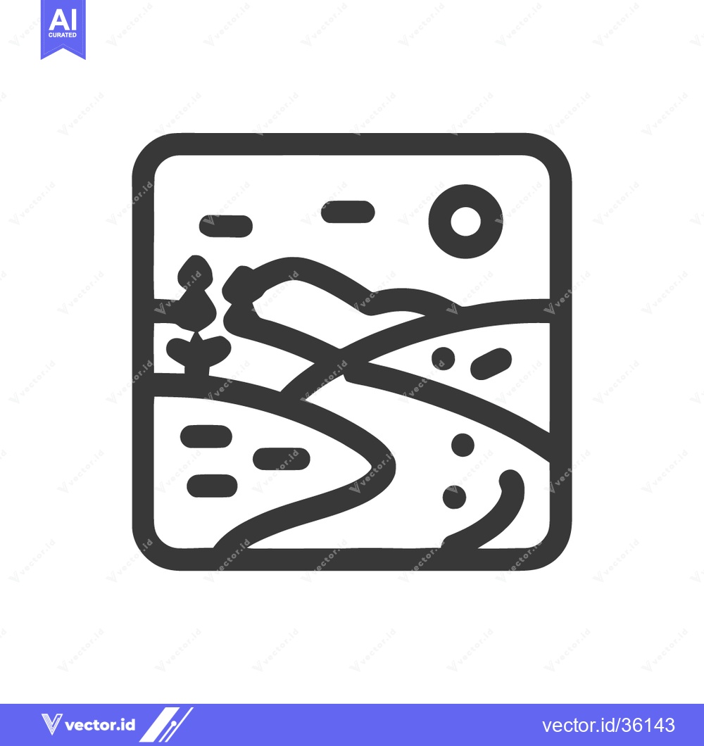 Premium Vector dari Minimalist Landscape Icon: Winding River, Hills, and Sun in Rounded Sq
