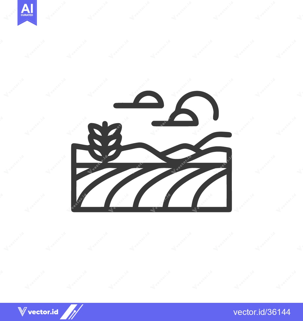 Premium Vector dari Minimalist Field Icon: Wheat Crop, Hills, and Clouds Outline