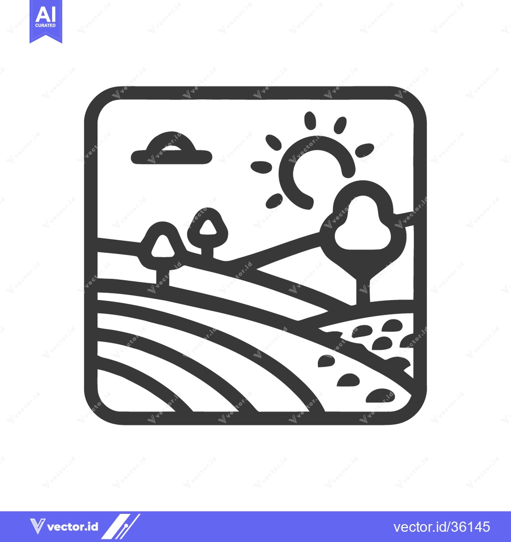 Premium Vector of Minimalist Field Icon: Rolling Hills, Sun, and Trees in Black Outline