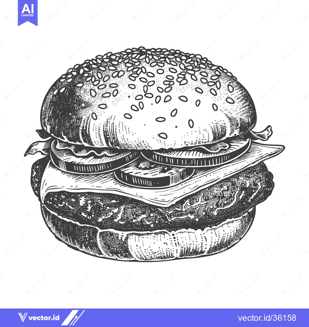 Premium Vector of Delicious Sesame Seed Burger with Cheese and Vegetables